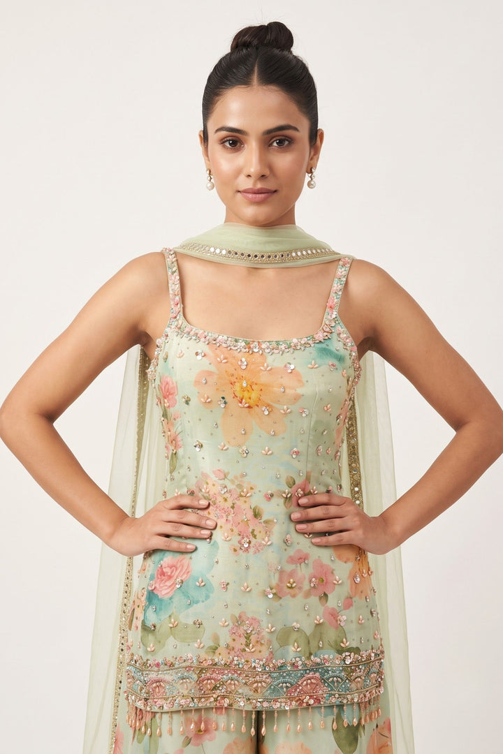 Sea Green Stone, Beads and Kundan work with Floral Print Palazzo Salwar Suit