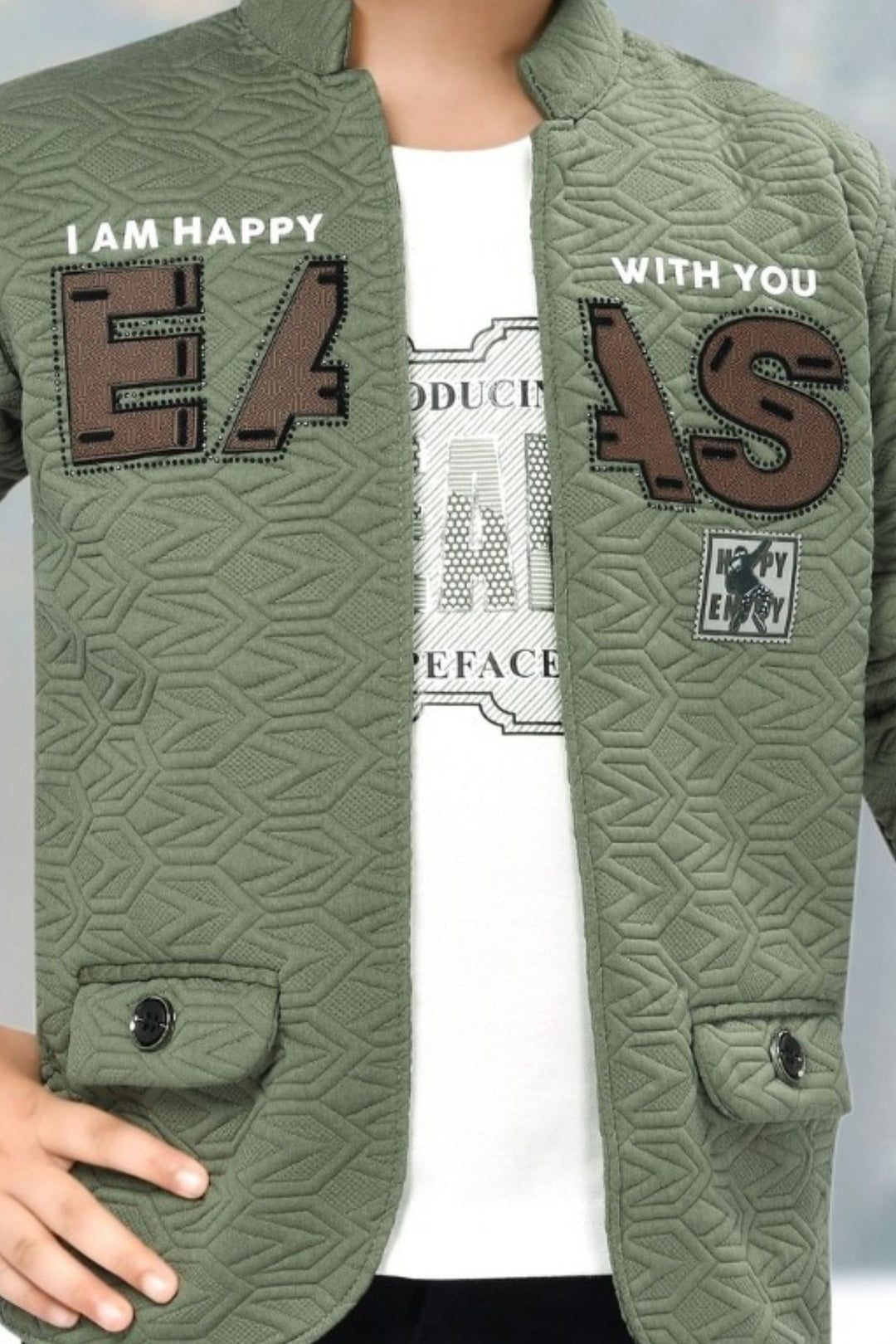 Green with White Printed Blazer, T-Shirt and Black Pant Set for Boys with Belt