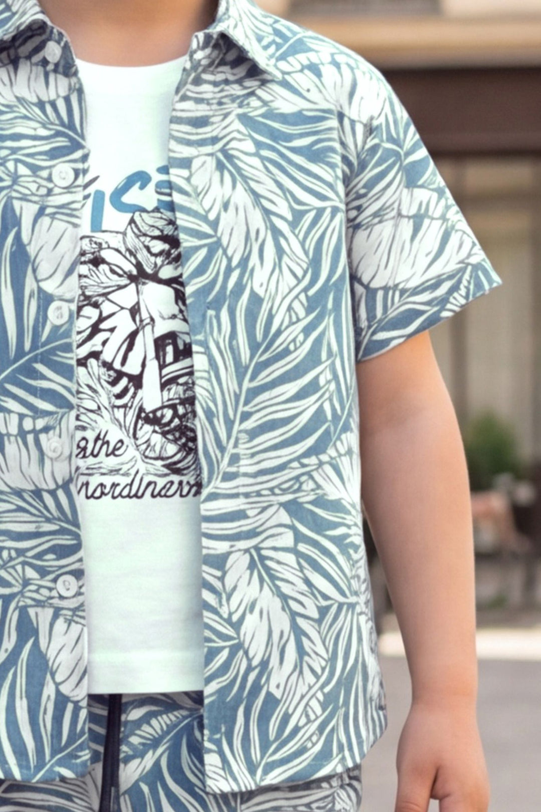 White with Blue Tropical Print Boys Co-Ord Set