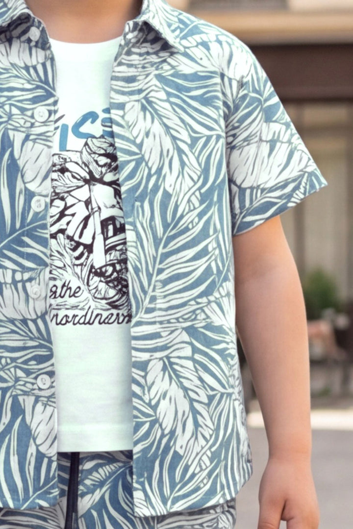 White with Blue Tropical Print Boys Co-Ord Set
