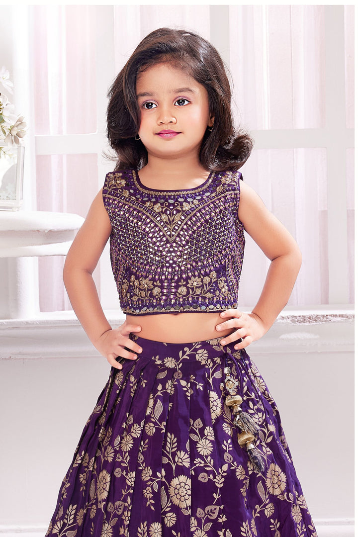 Purple Mirror and Zari work Lehenga Choli for Girls