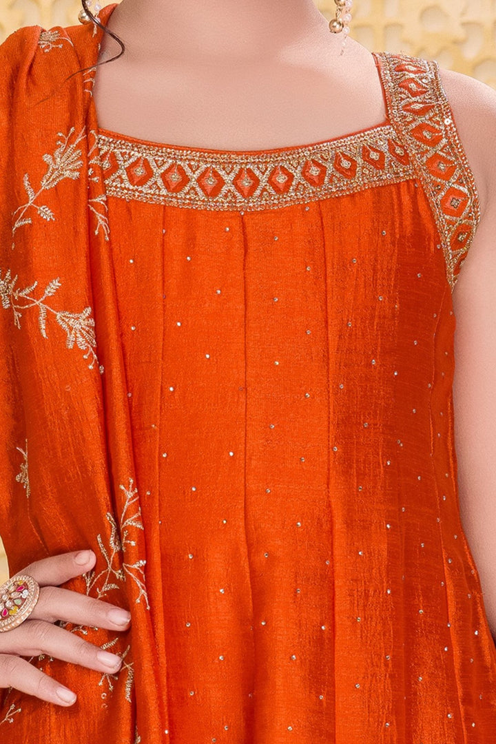 Orange Sequins, Zari and Stone work Anarkali Style Salwar Suit for Girls