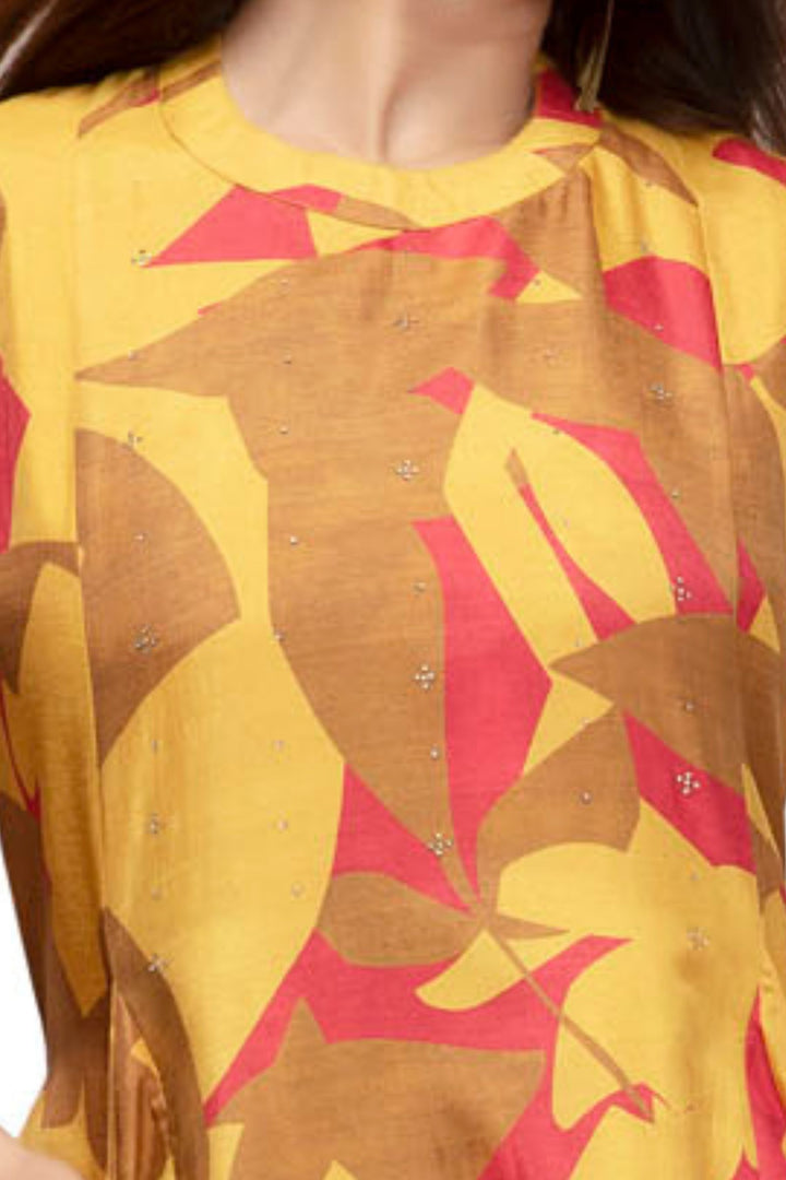 Mustard Stone work with Abstract Print A-Line Cut Calf Length Kurti