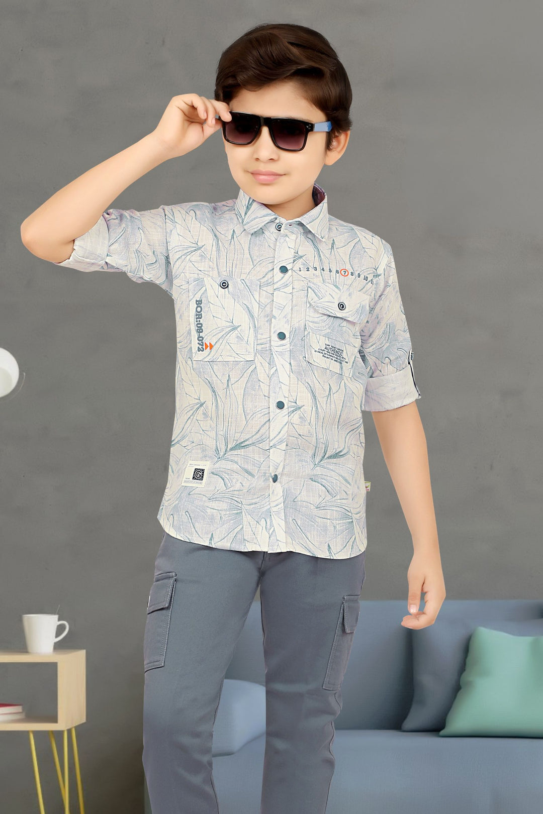White with Grey Printed Shirt and Pant Set for Boys