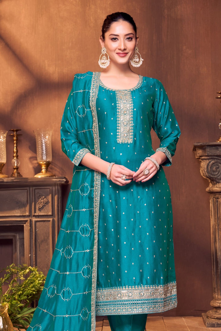 Rama Blue Sequins, Zari and Beads work Straight Cut Salwar Suit