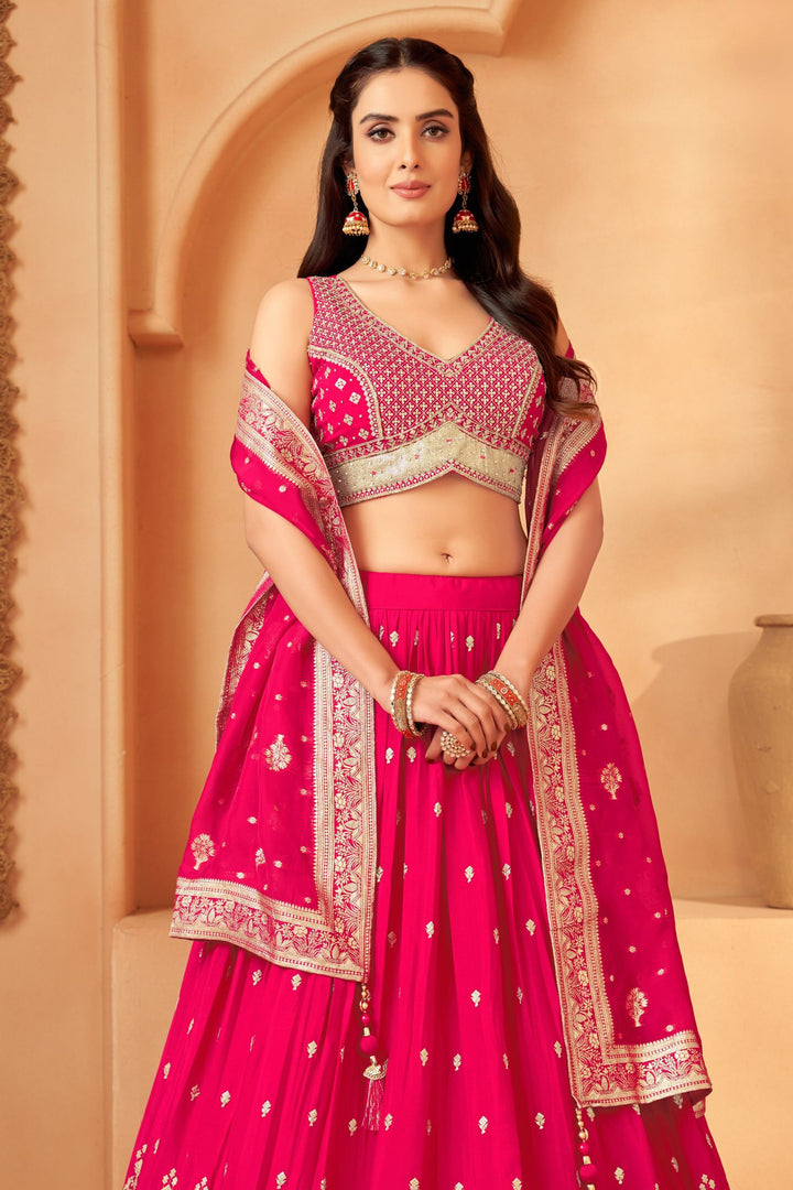 Rani Pink Stone, Zari, Sequins and Beads work Crop Top Lehenga