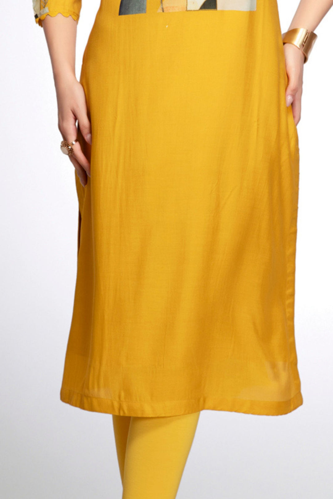 Yellow Stone work with Digital Print Calf Length Kurti