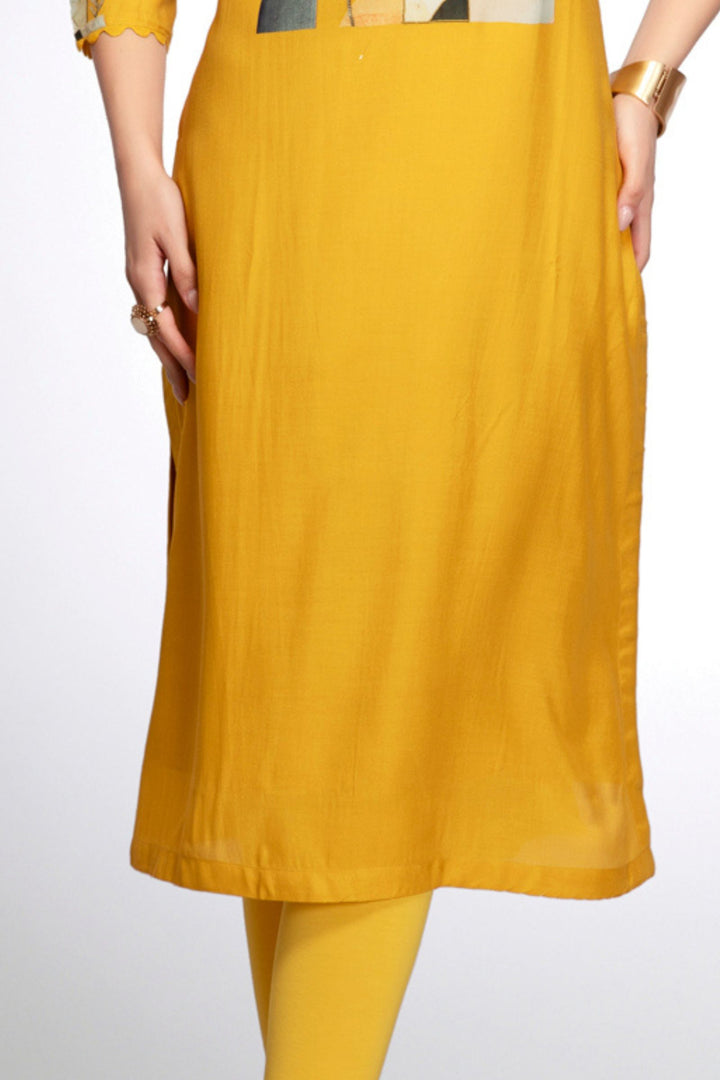 Yellow Stone work with Digital Print Calf Length Kurti