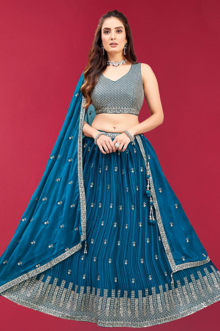 Rama Blue Sequins and Zari work Crop Top Lehenga