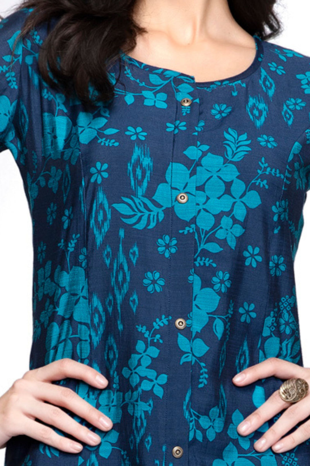 Navy Blue with Digital Print A-line Cut Calf Length Kurti