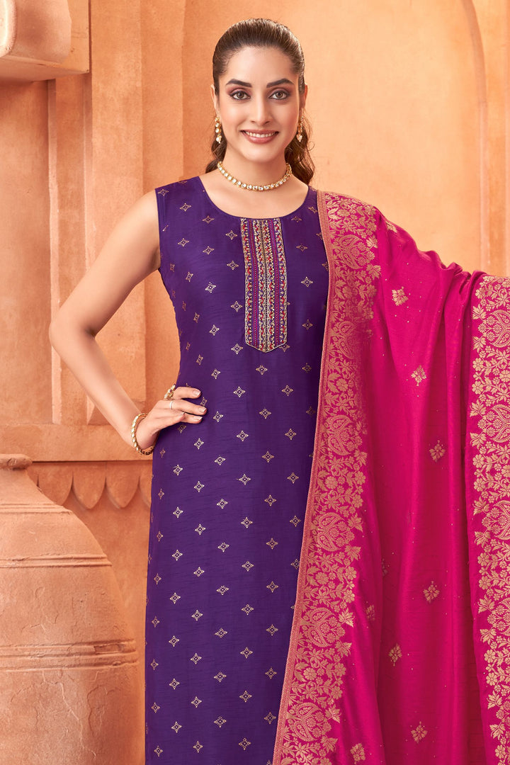 Violet Zari, Banaras, Sequins, Stone and Thread work Straight Cut Salwar Suit