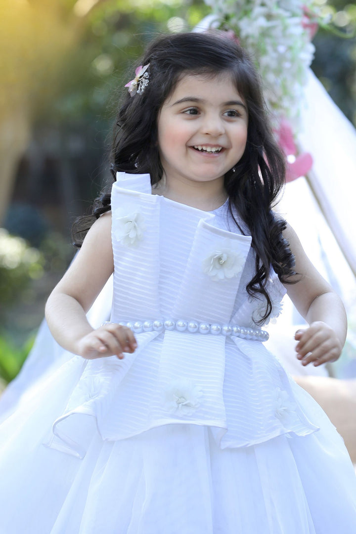 White Short Frock for Girls with Pearl Belt