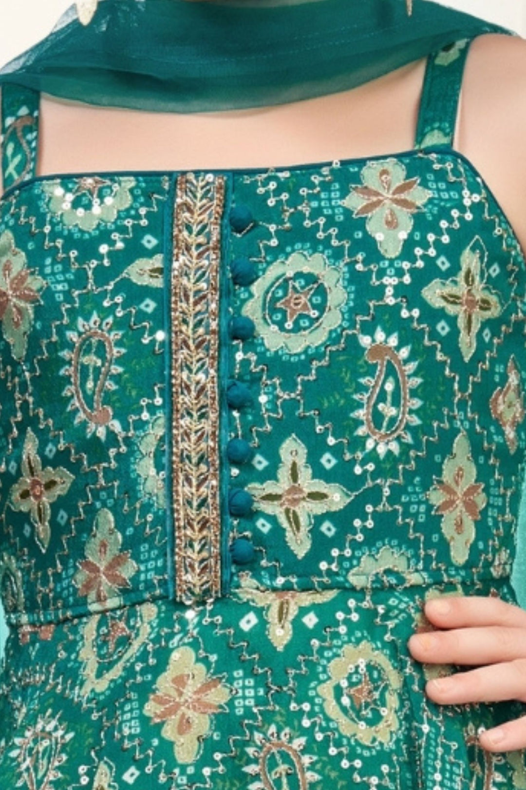 Rama Green Zari, Sequins and Stone work with Digital Print Palazzo Set For Girls