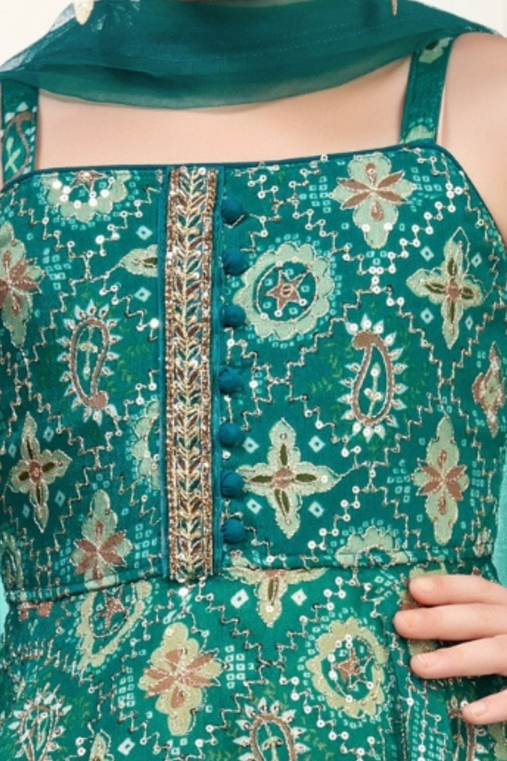 Rama Green Zari, Sequins and Stone work with Digital Print Palazzo Set For Girls