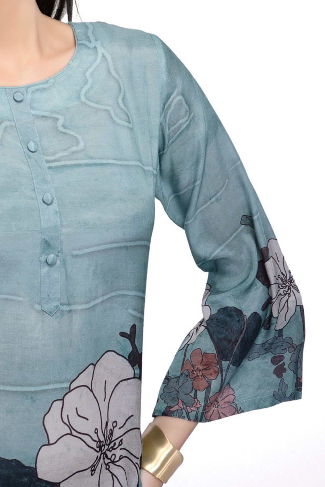 Greyish Blue Floral Print Short Kurti