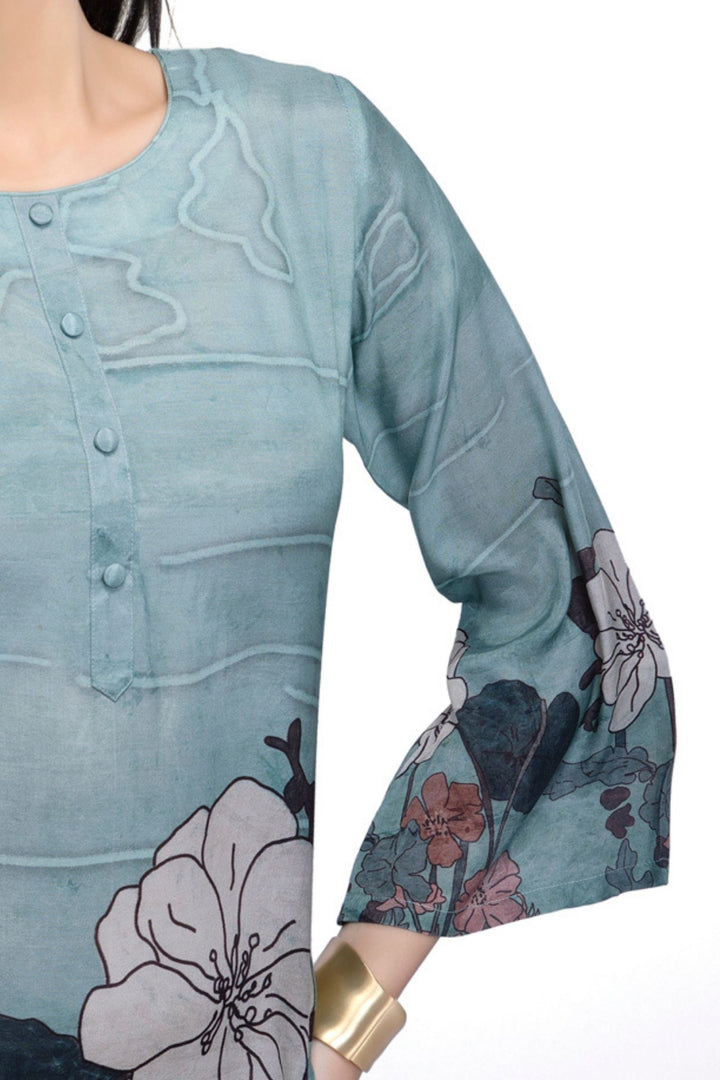 Greyish Blue Floral Print Short Kurti