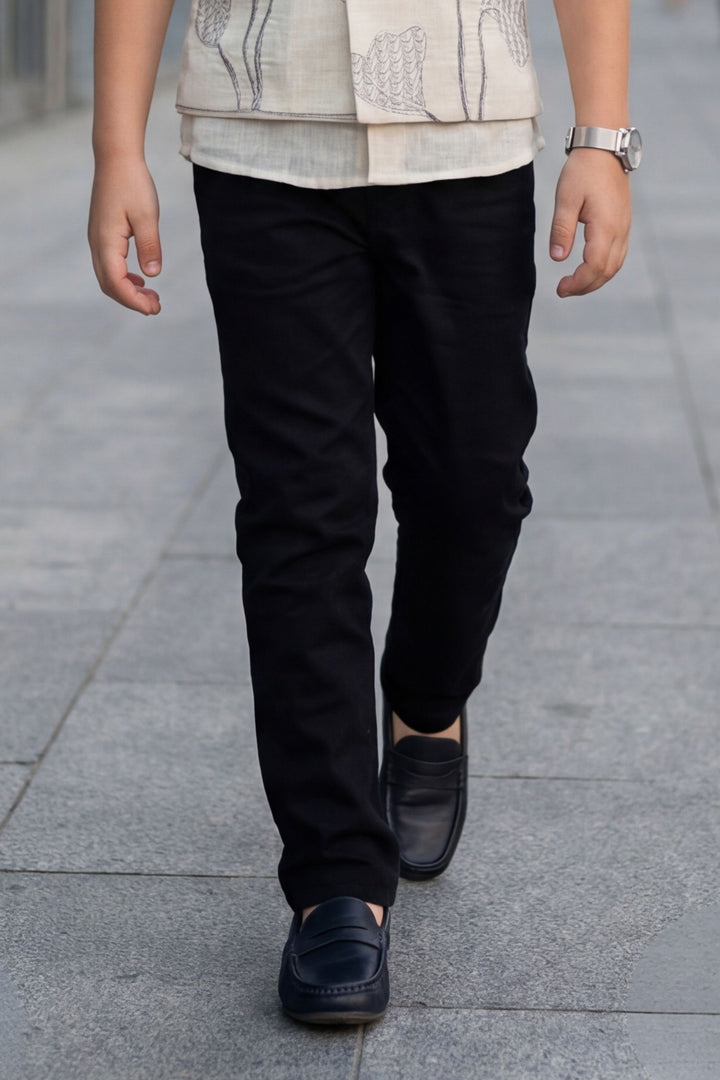 Cream Thread work Waist Coat and Black Pant Set for Boys with Belt