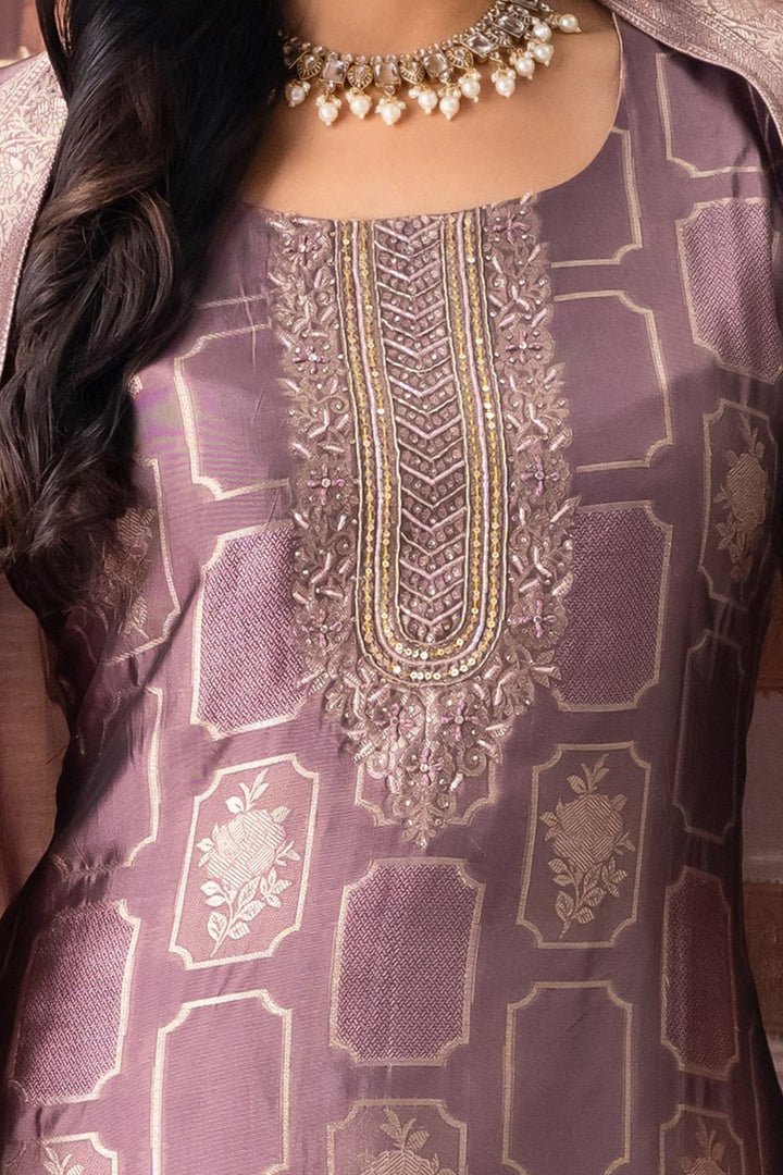 Mauve Brocade, Beads, Sequins and Stone work Straight Cut Salwar Suit