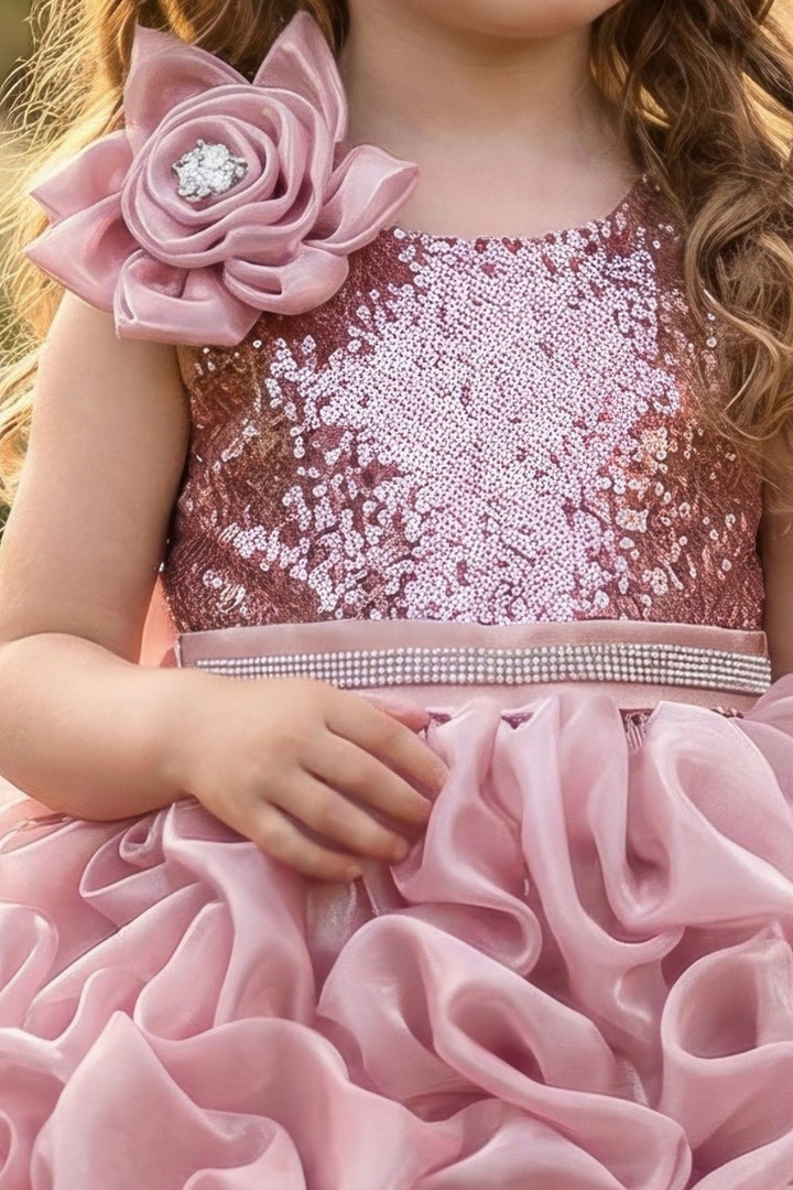 Onion Pink Sequins and Beads work Short Partywear Frock for Girls