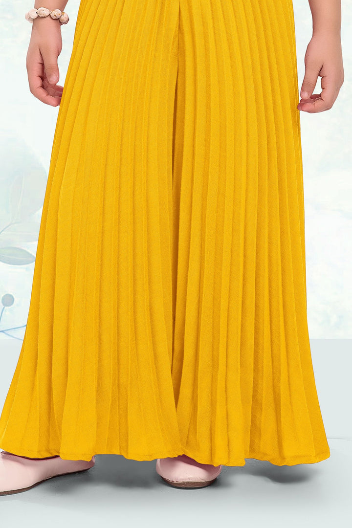 Cream with Yellow Thread work Jacket Styled Palazzo Set for Girls