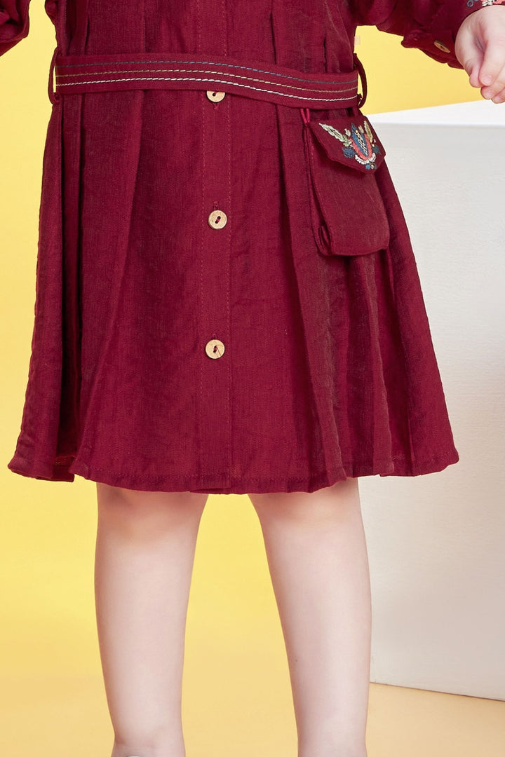 Maroon Thread work Short Frock for Girls with Belt