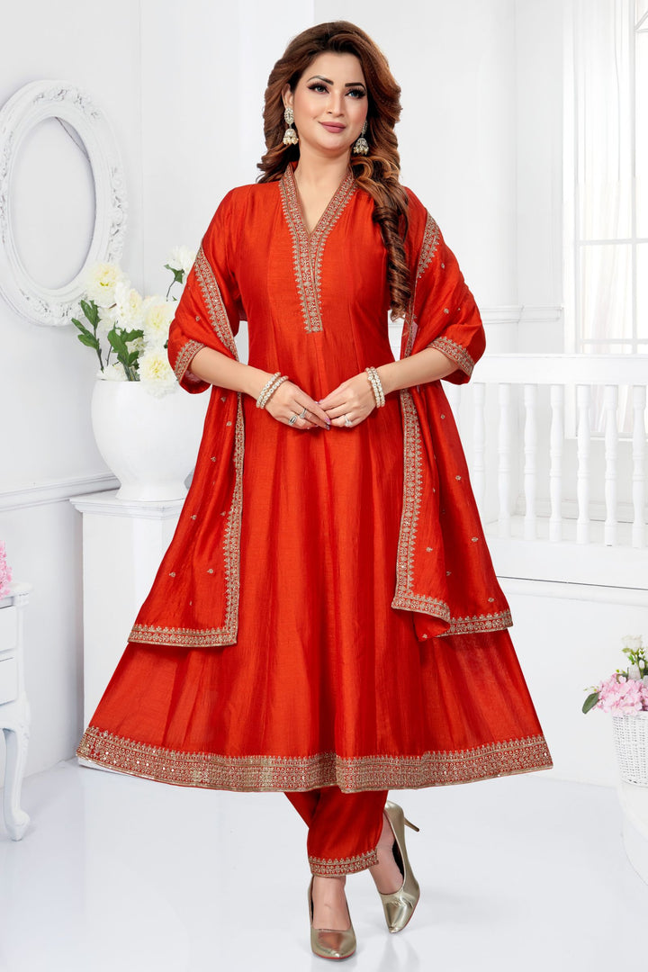 Orange Beads and Zari work Anarkali Style Salwar