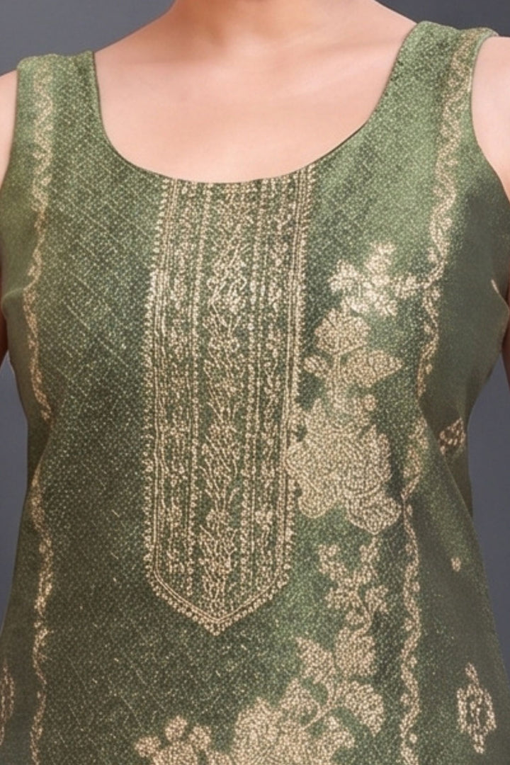 Leaf Green Banaras, Beads, Miror and Stone work Straight Cut Salwar Suit