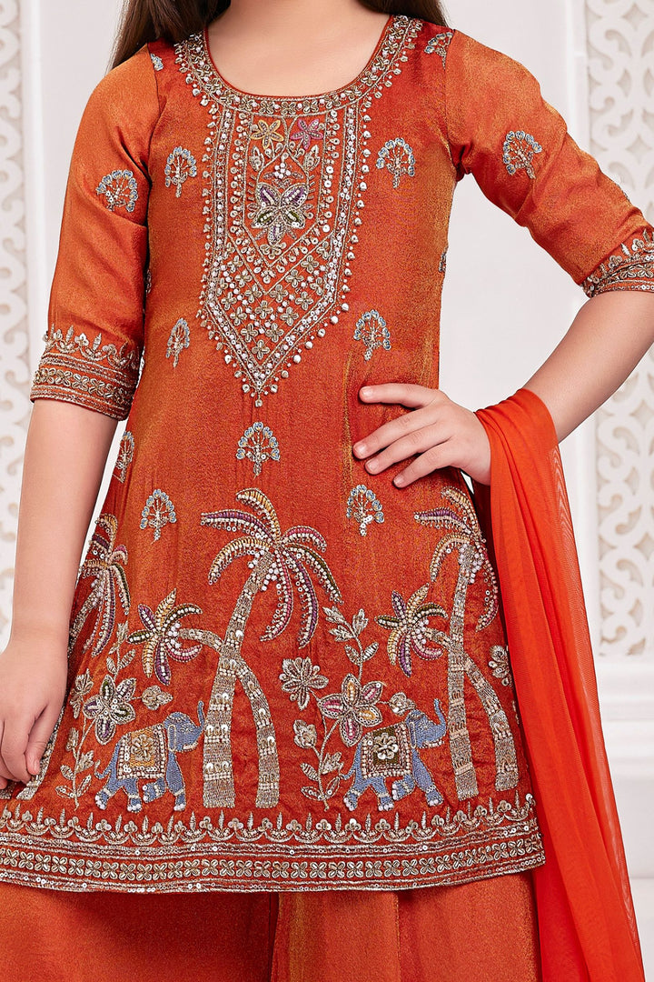 Orange Beads, Zari and Thread work Palazzo Suit Set for Girls