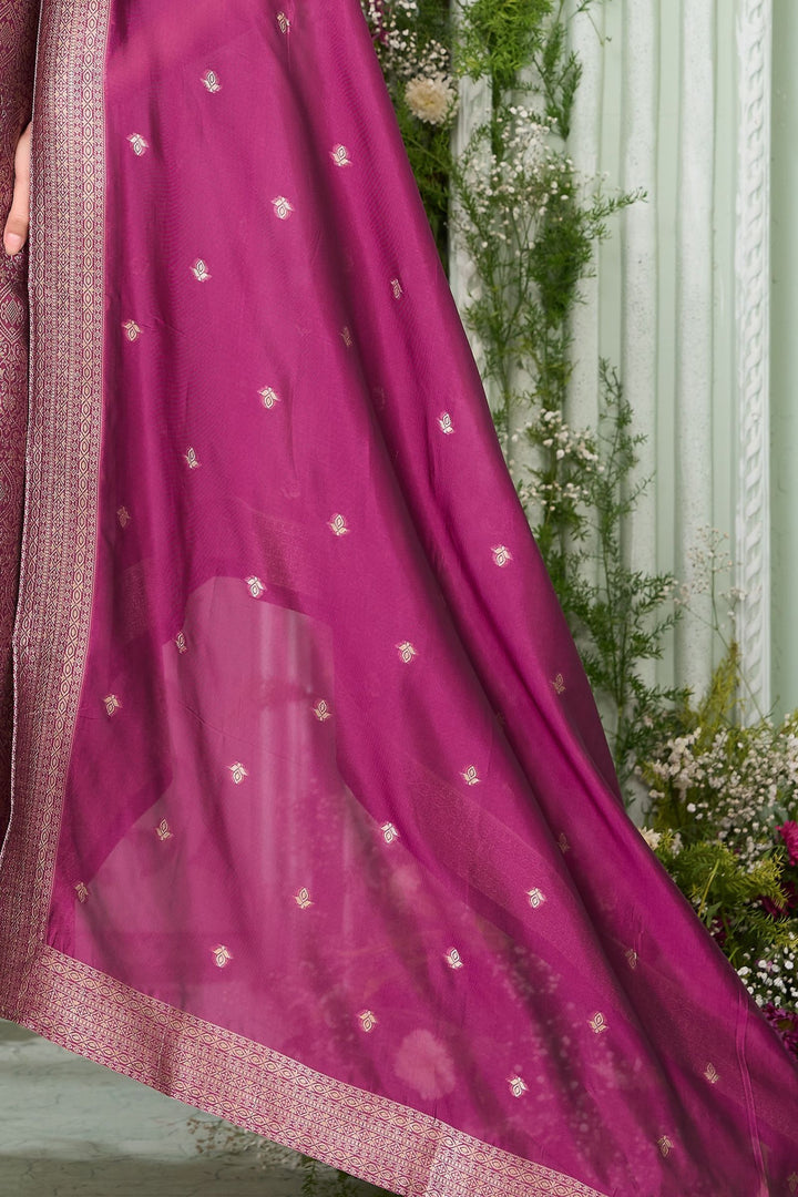Wine Mirror, Zari, Beads, Zardozi, Stone and Brocade work Straight Cut Salwar Suit