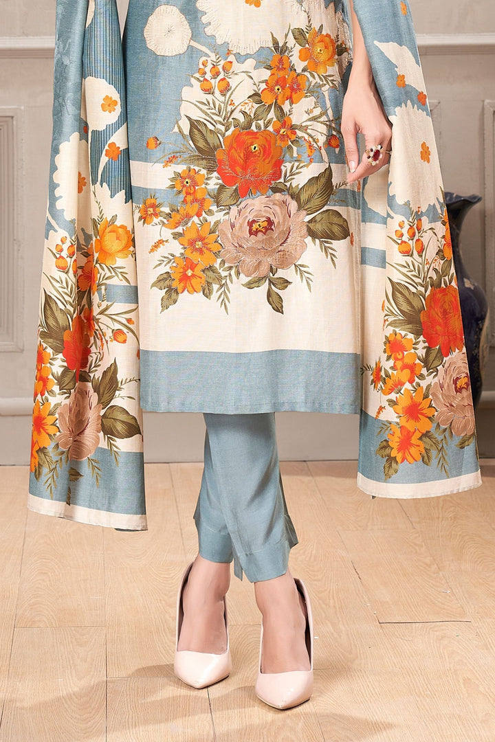 Blue Floral Print and Zari work Straight Cut Salwar Suit