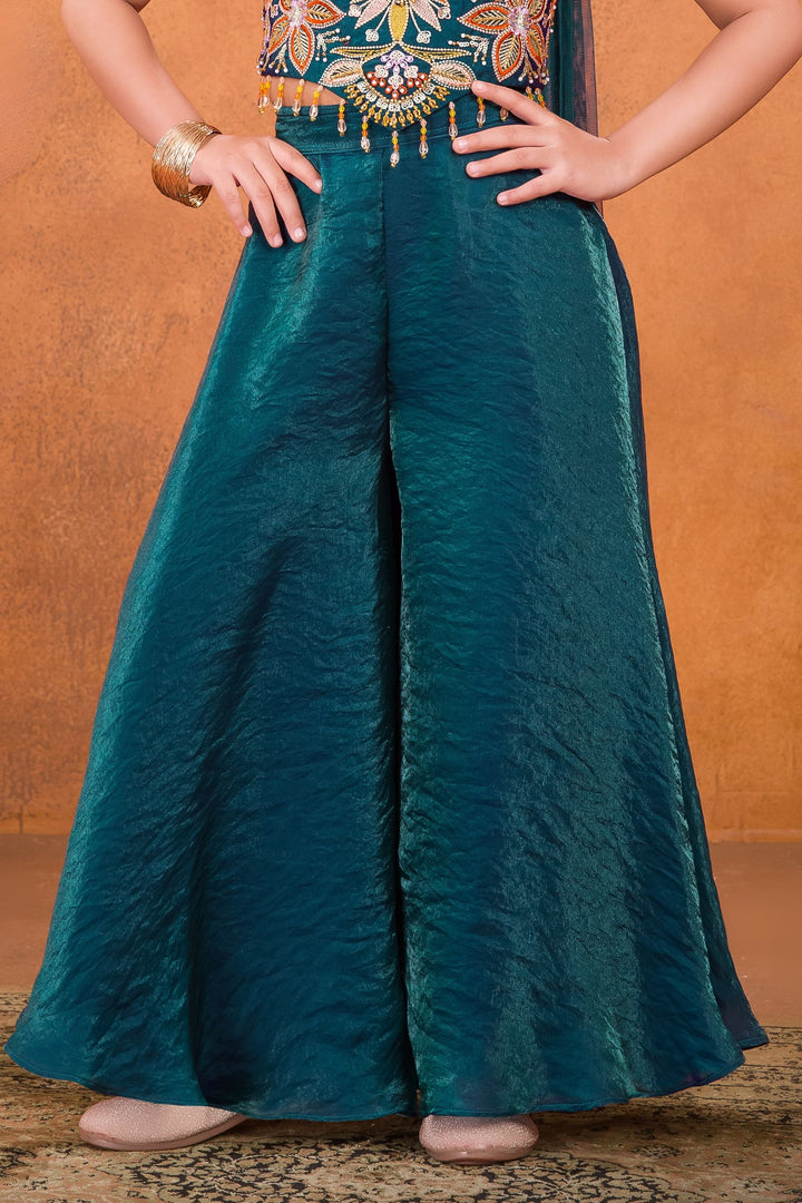 Peacock Blue Pearl, Sequins, Beads and Multicolor Embroidery work Palazzo Suit Set for Girls