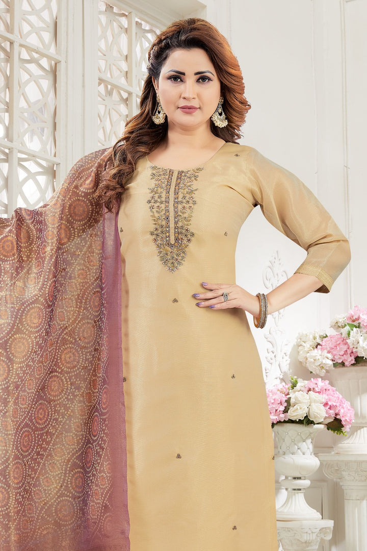 Gold Beads, Zardozi, Mirror, Stone and Thread work Straight Cut Salwar Suit