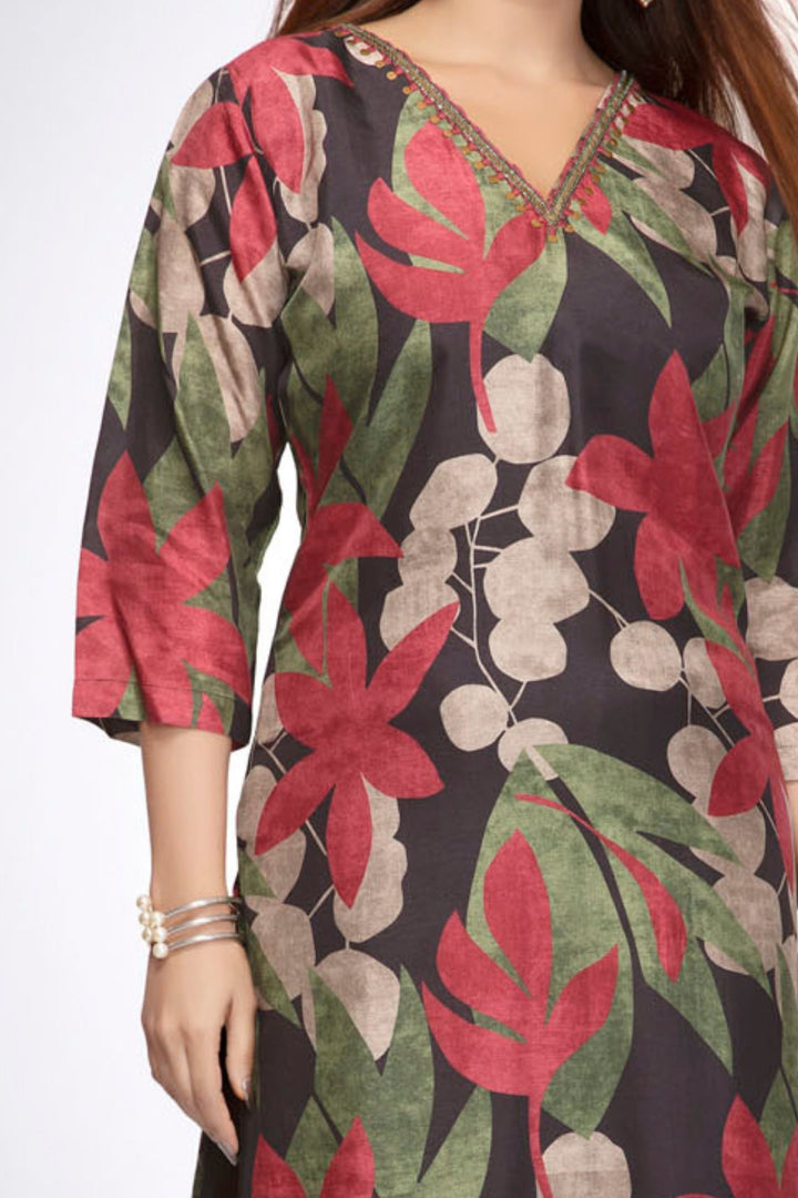 Black Floral Print V-Neck Straight Kurta Set