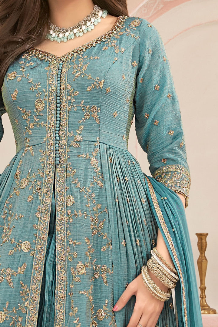 Frozen Blue Sequins, Zari, Zardozi, Stone and Beads work Mastani Styled Long Top Lehenga