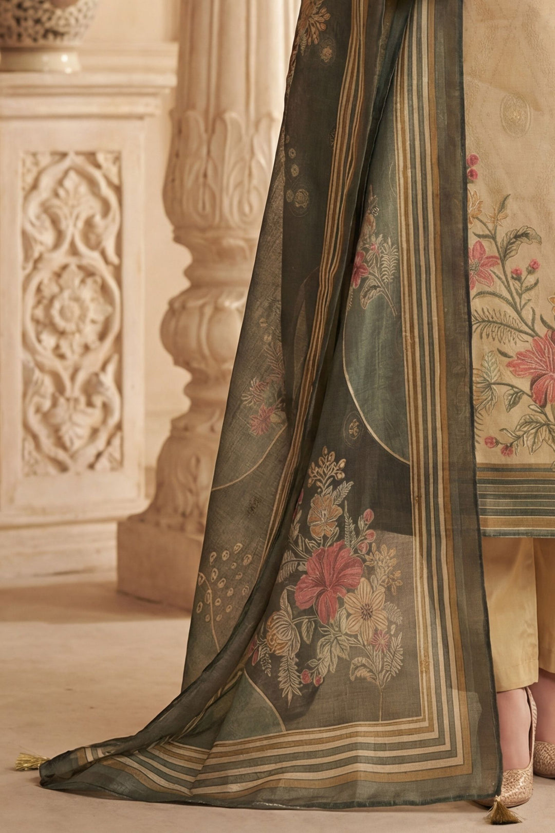 Beige Beads, Zardozi, Zari and Sequins work with Digital Print Straight Cut Salwar Suit