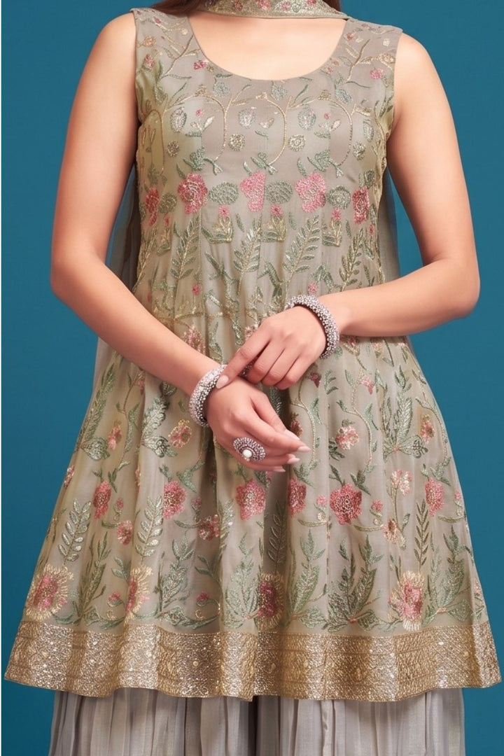 Copper Embroidery, Zari and Sequins work Palazzo Set with Peplum Top
