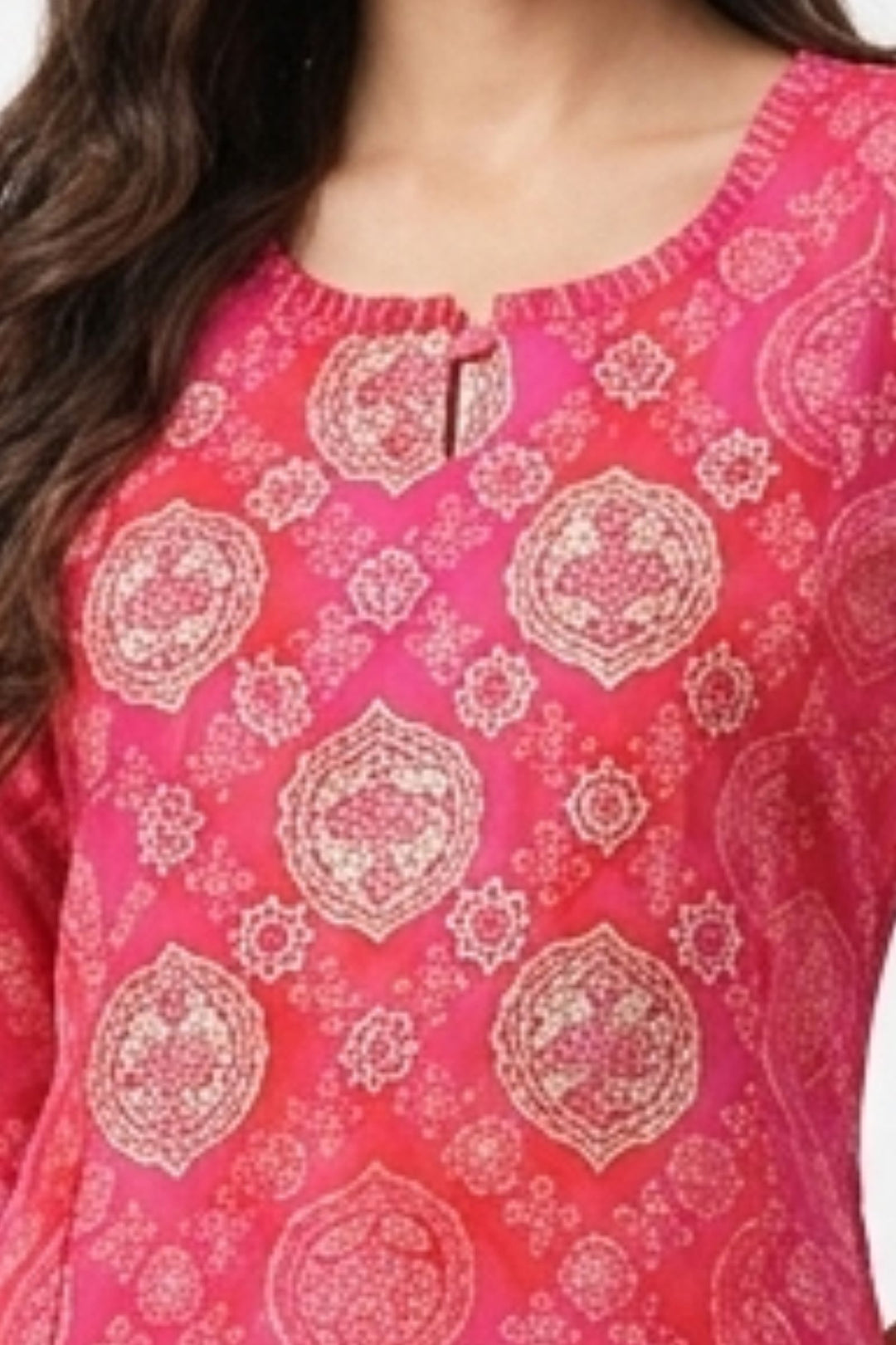 Pinkish Red Embroidery, Mirror and Zari work with Digital Print A-Line Cut Calf Length Kurti