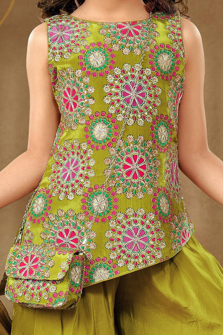 Mehendi Green Sequins and Zari work with Multicolor Digital Print Palazzo Suit Set for Girls