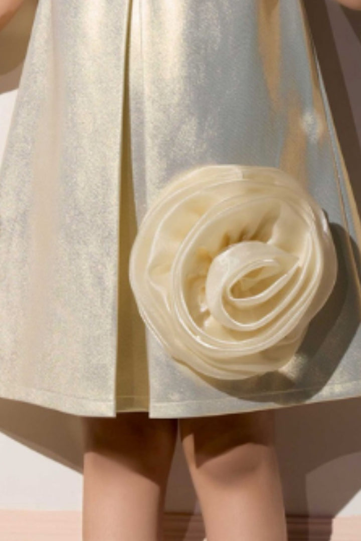 Gold Bow and Rose Accent Short Partywear Frock for Girls
