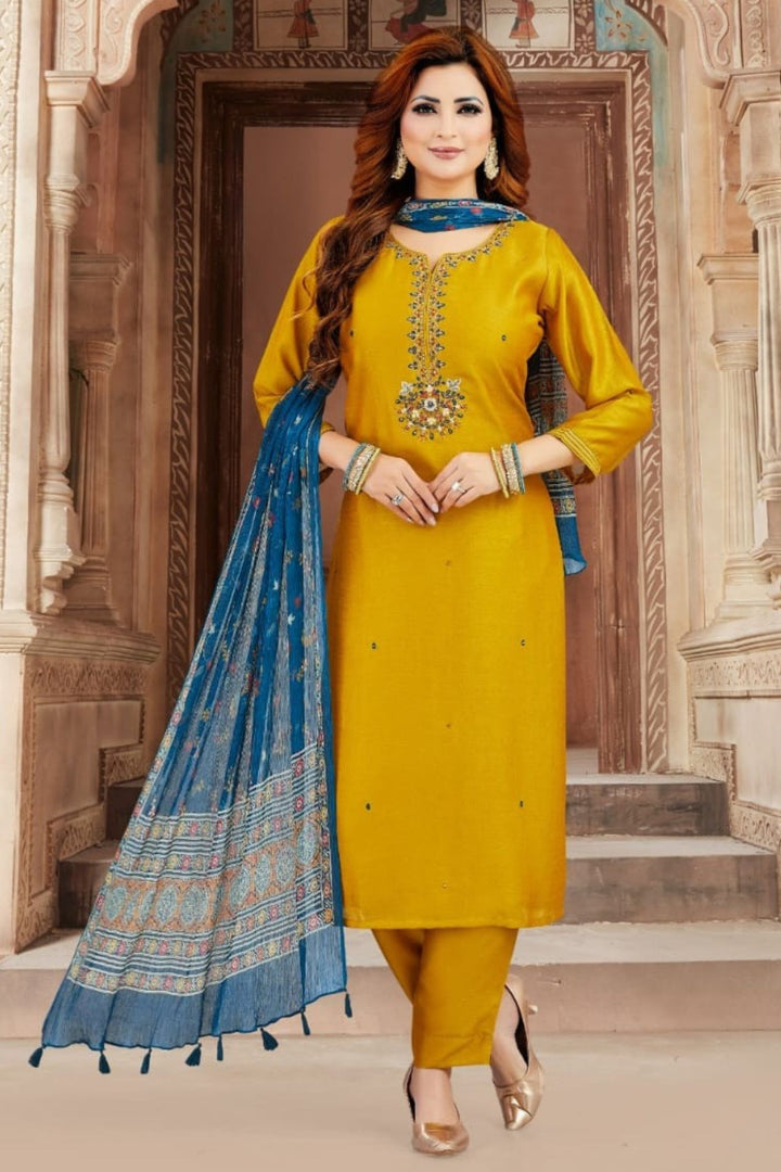 Olive Green Mirror, Zari and Thread work Straight Cut Salwar Suit