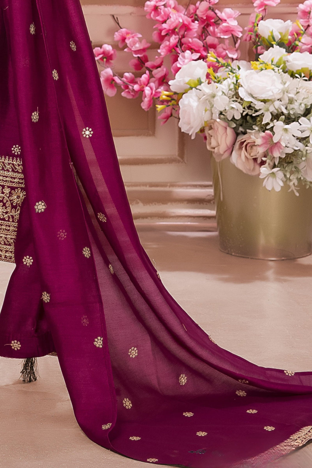 Wine Sequins and Zari work Salwar Suit for Girls