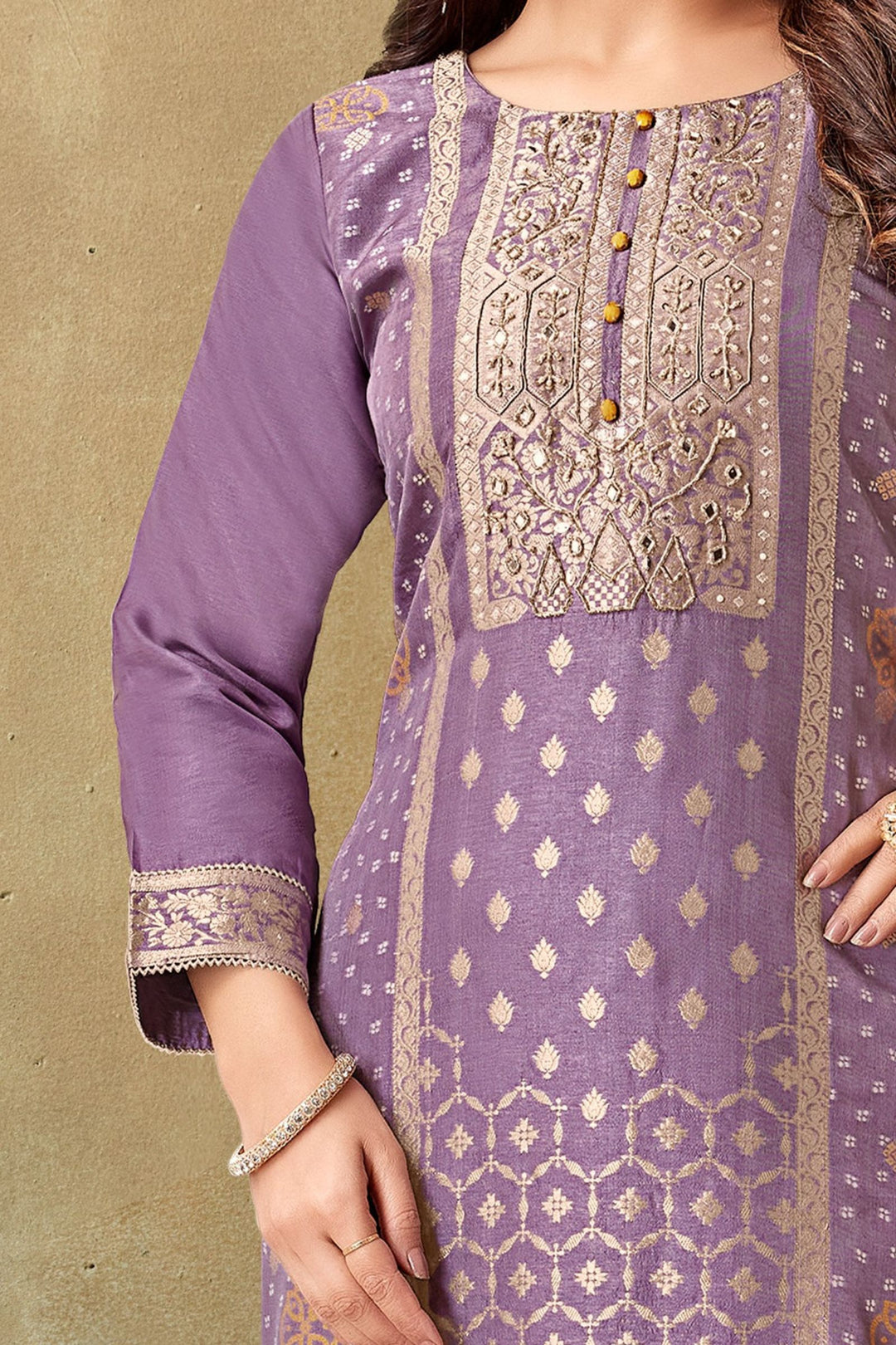 Lavender Banaras, Beads, Mirror and Sequins work Straight Cut Salwar Suit