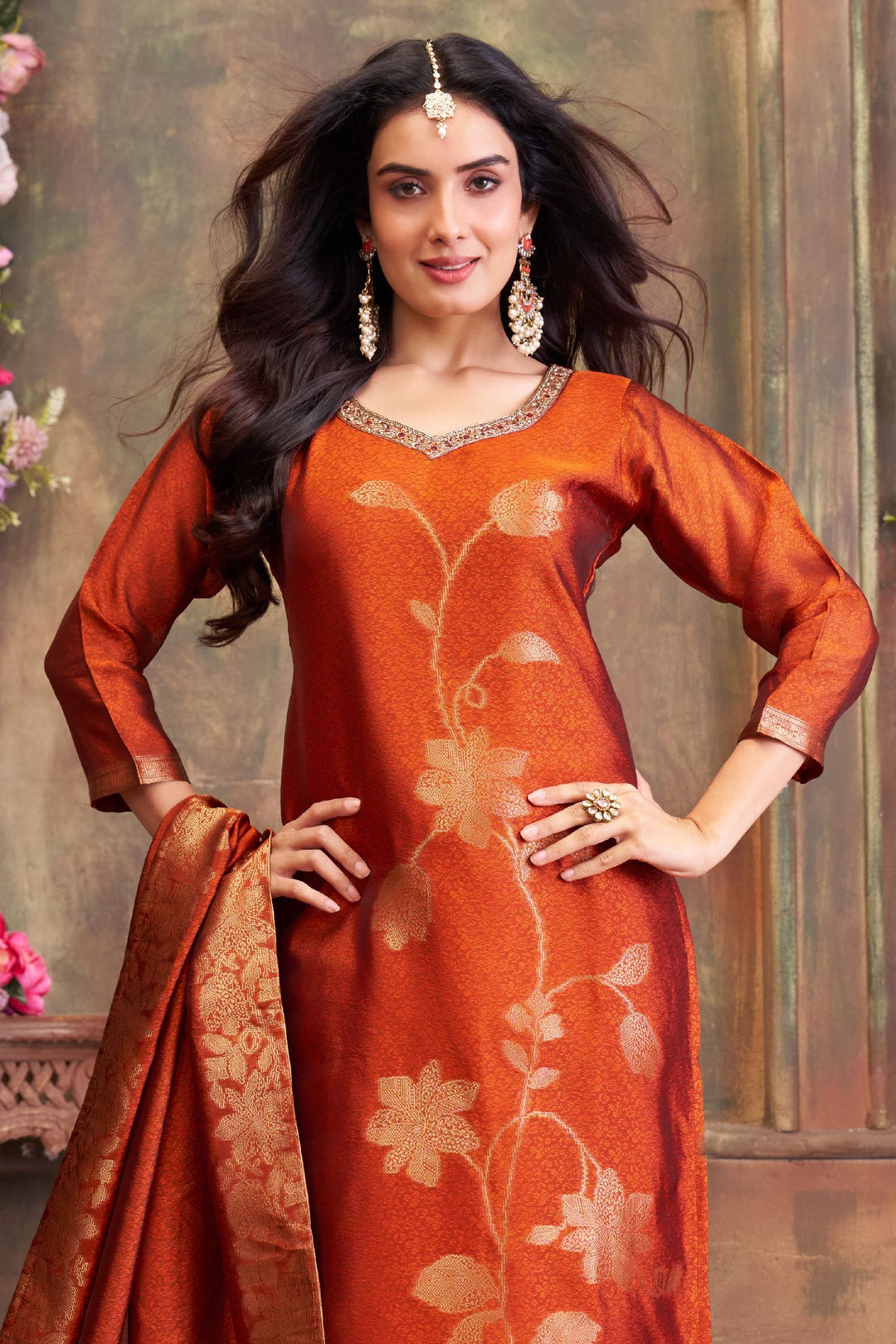 Orange Straight Cut Salwar Suit with Banaras, Stone, Zardozi and Beads work