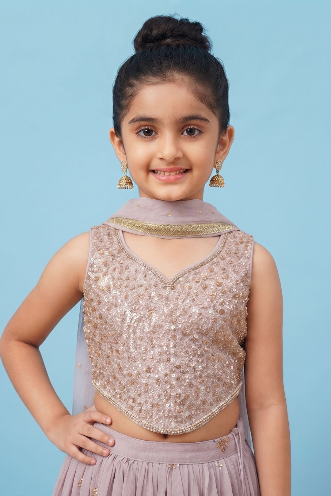 Light Lavender Sequins and Beads work Lehenga Choli for Girls