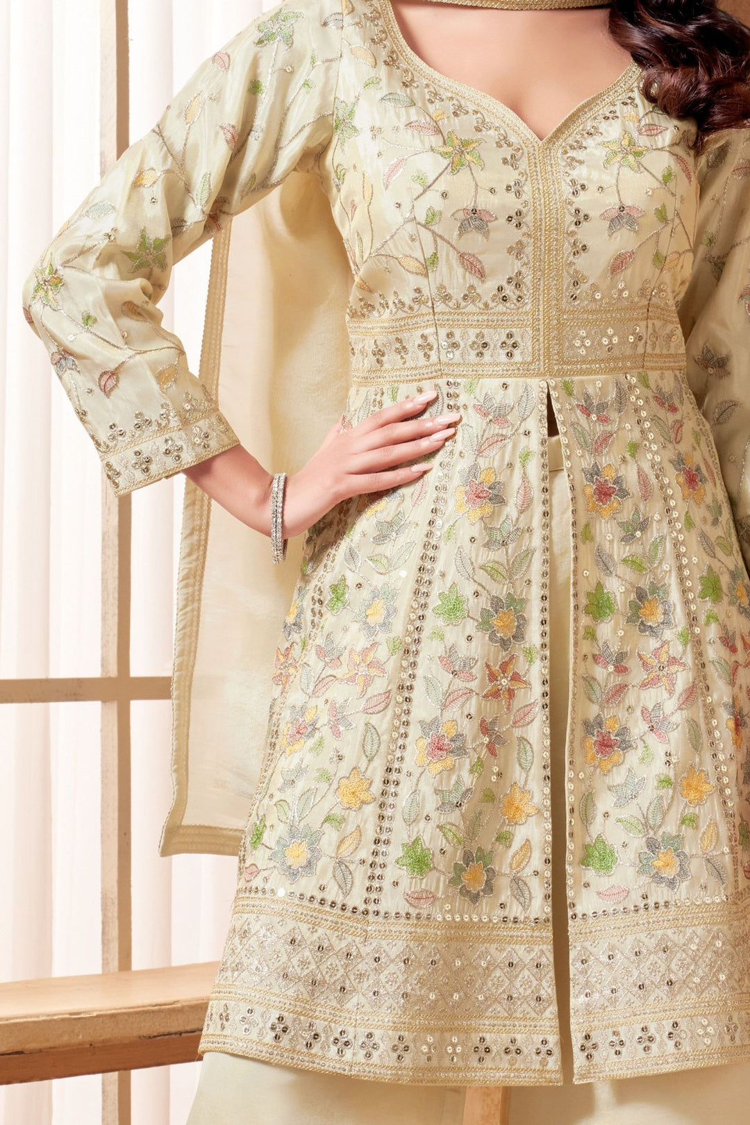 Cream Sequins, Zari and Multicolor Thread work Palazzo Salwar Suit