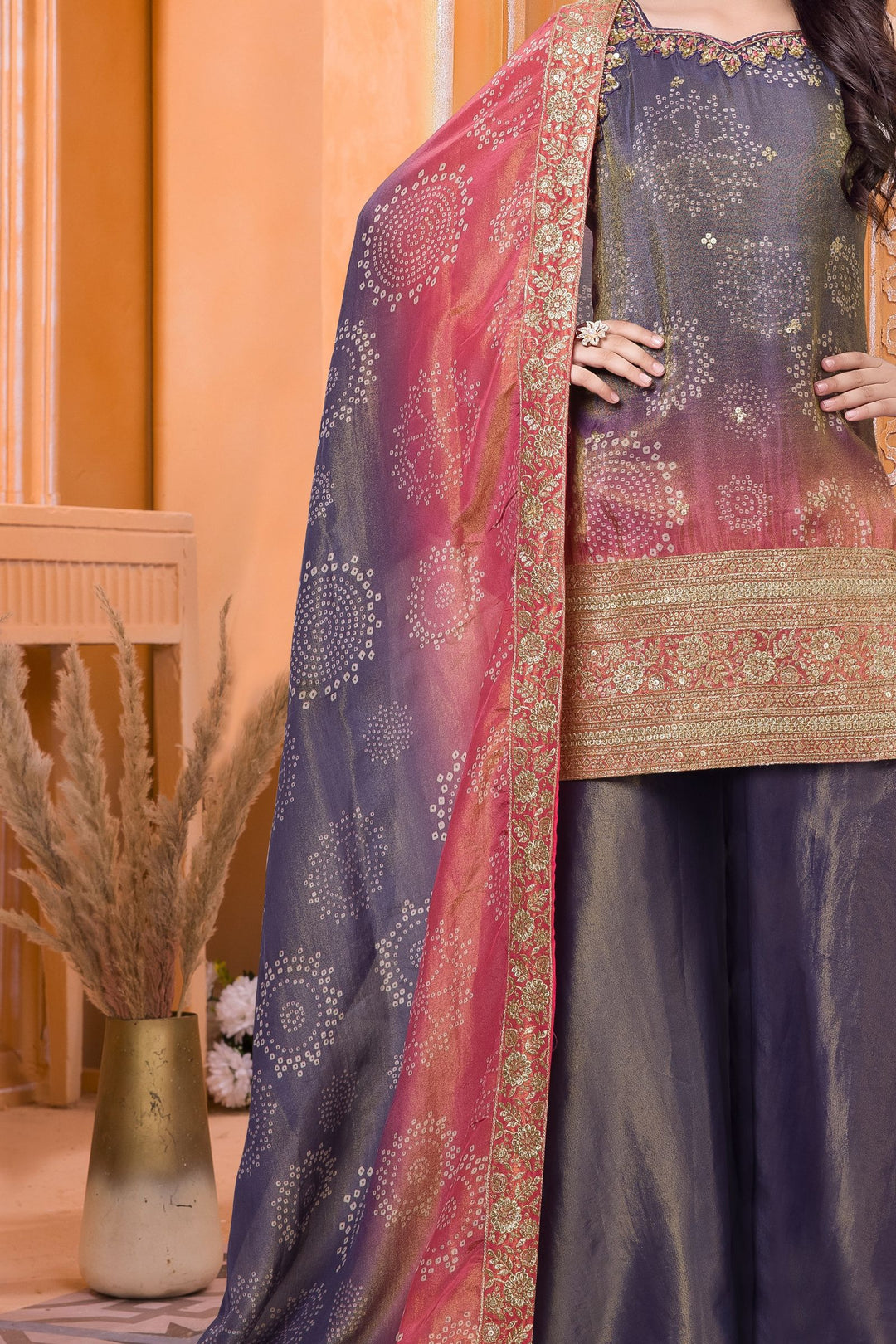 Blue with Pink Sequins and Banaras Zari work with Bandini Print  Palazzo Suit Set for Girls