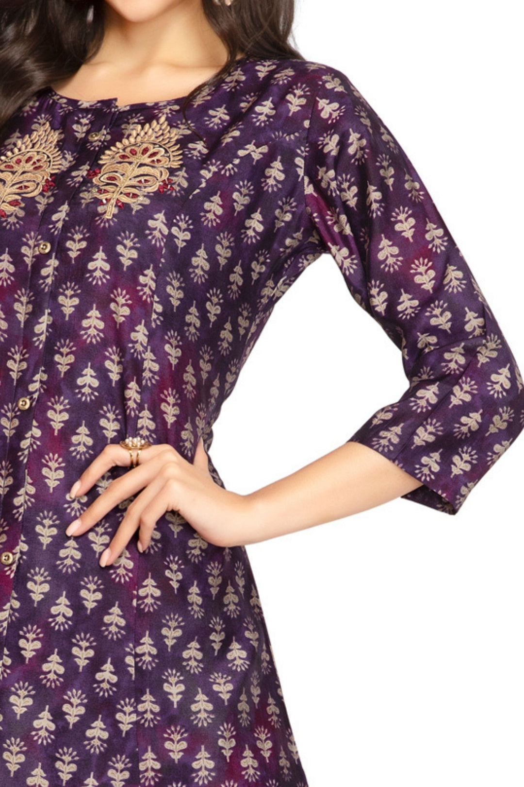 Violet Mirror and Thread work with Digital Print A-Line Cut Calf Length Kurti