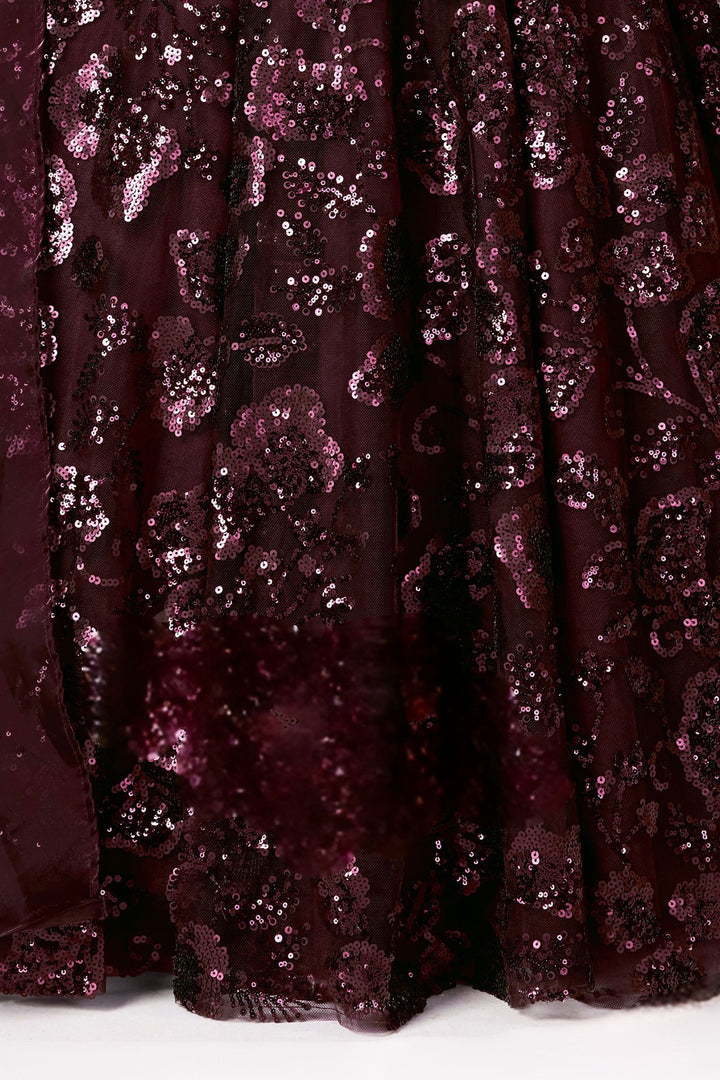 Wine Sequins work Long Party Gown for Girls