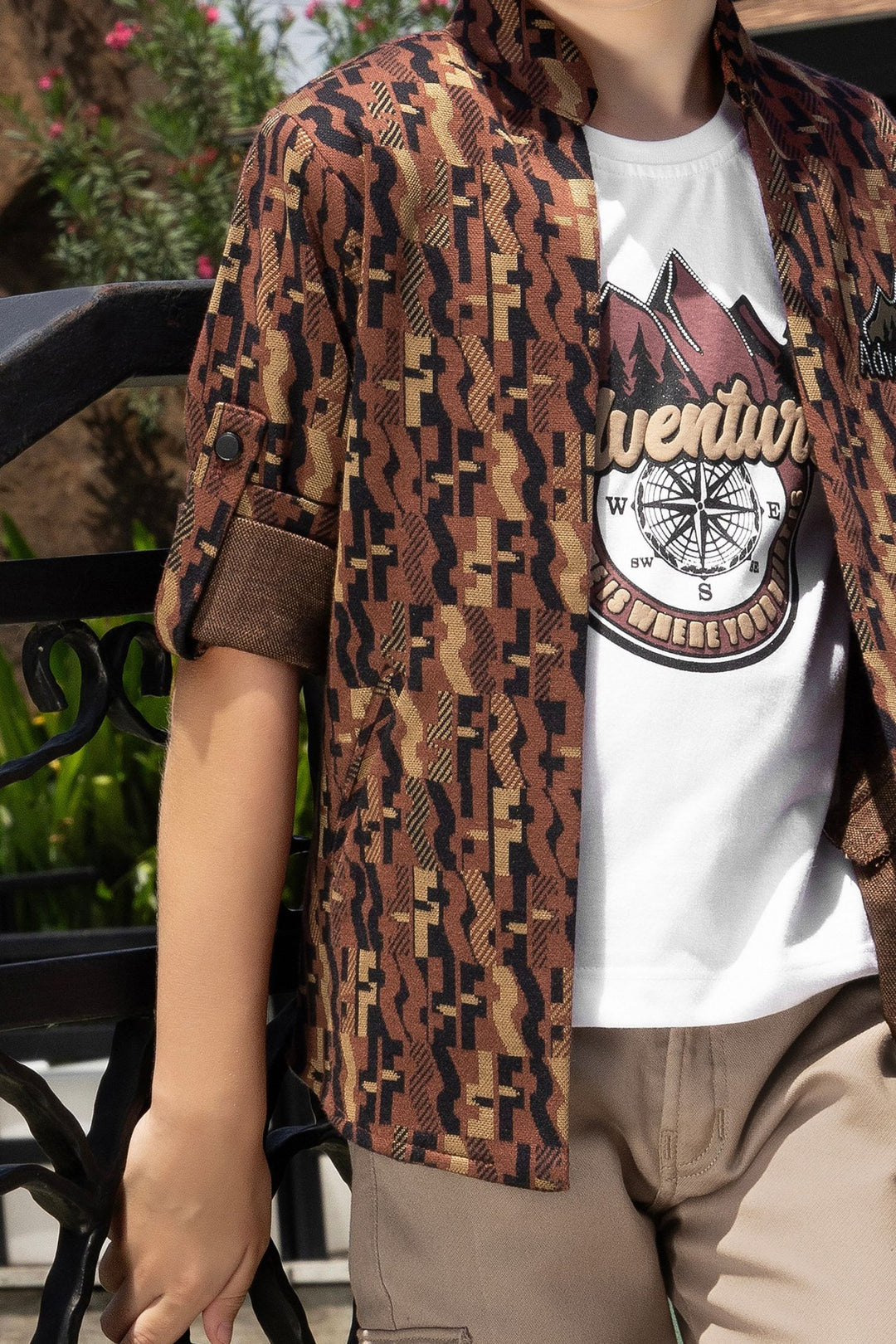 Dark Brown with Multicolor Digital Printed Blazer, T-Shirt and Beige Pant Set for Boys