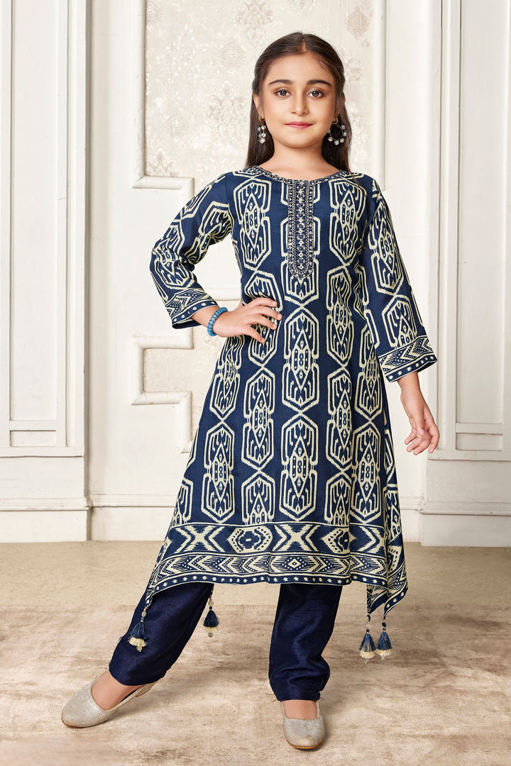 Navy Blue with Cream Digital Print, Mirror and Thread work Salwar Suit for Girls